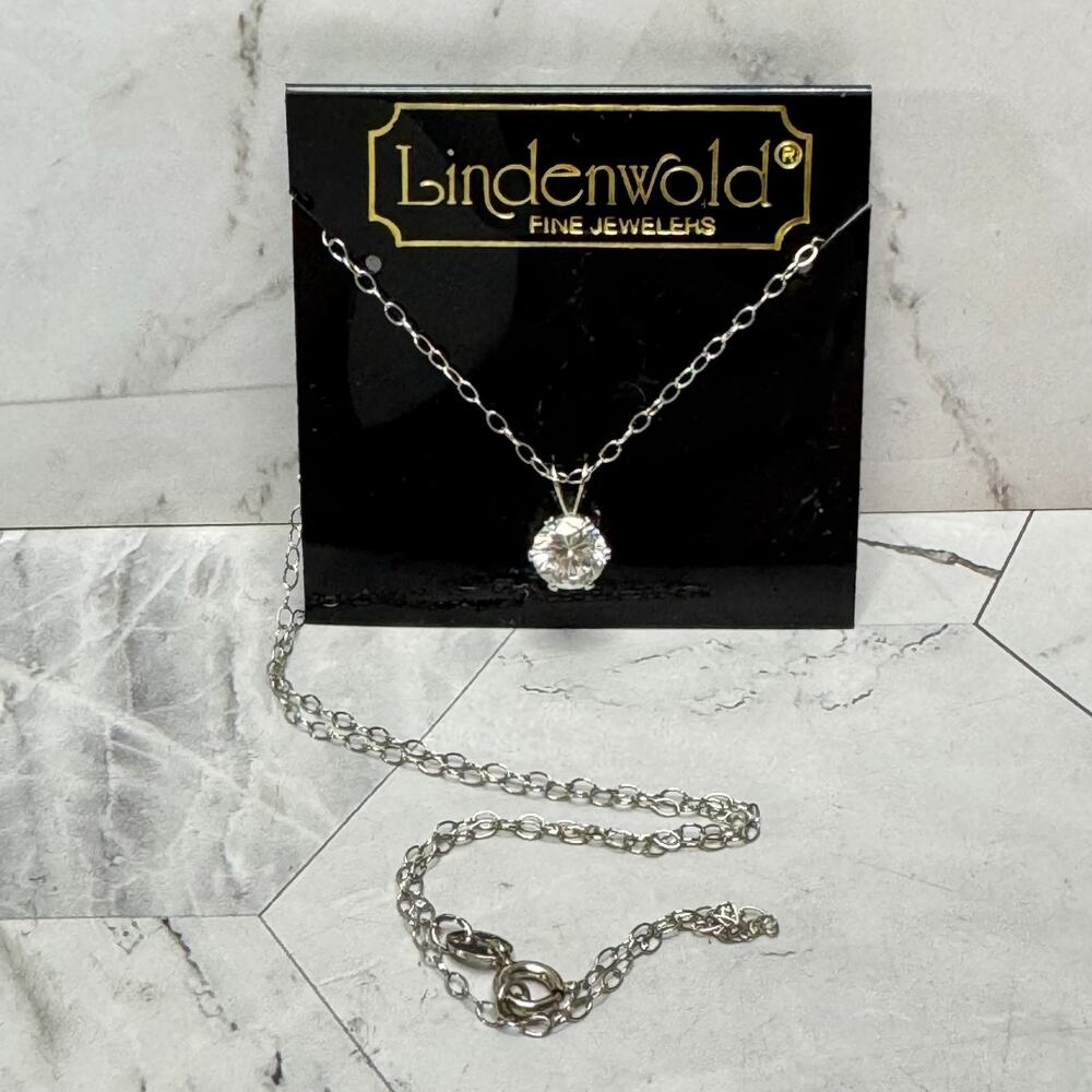 NOS Lindenwold Necklace Sterling Silver CZ Solitaire Pendant 16" Vintage On Card